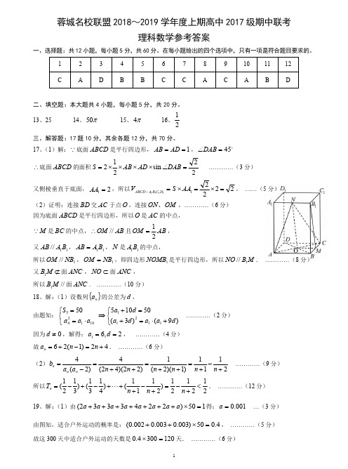 蓉城名校联盟 2018～2019 学年度上期高中 2017 级期中联考理科数学参考答案