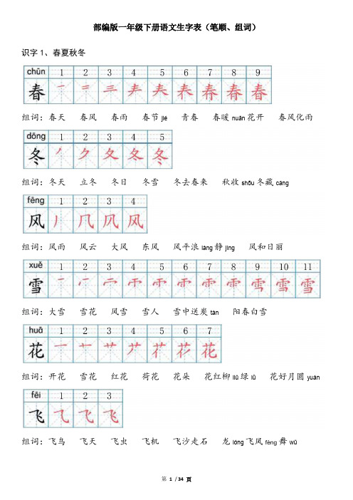 人教版-一年级下册语文-生字米字格笔顺-组词-共210字完整