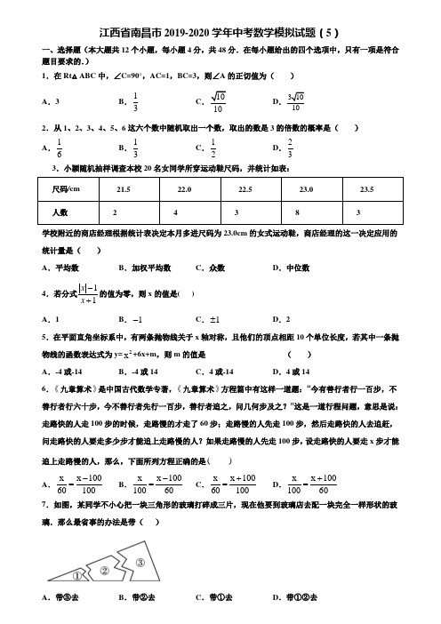 江西省南昌市2019-2020学年中考数学模拟试题(5)含解析