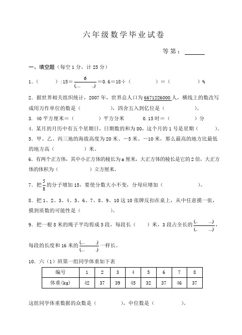 2014-2015新苏教版小学数学六年级下册毕业期末试卷