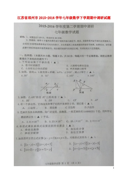 江苏省邳州市2015-2016学年七年级数学下学期期中调研试题(扫描版) 新人教版