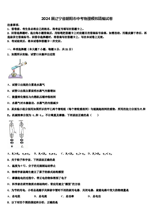 2024届辽宁省朝阳市中考物理模拟精编试卷含解析