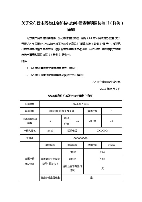 关于公布我市既有住宅加装电梯申请表和项目协议书(样例)通知