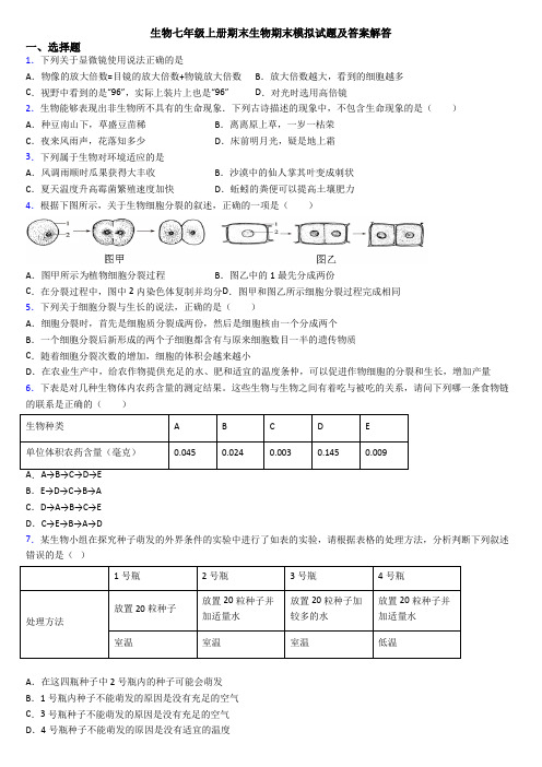 生物七年级上册期末生物期末模拟试题及答案解答