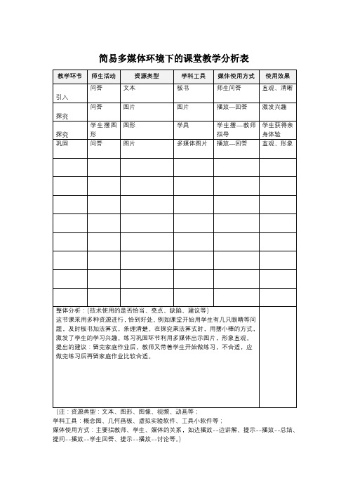 简易多媒体环境下的课堂教学分析表