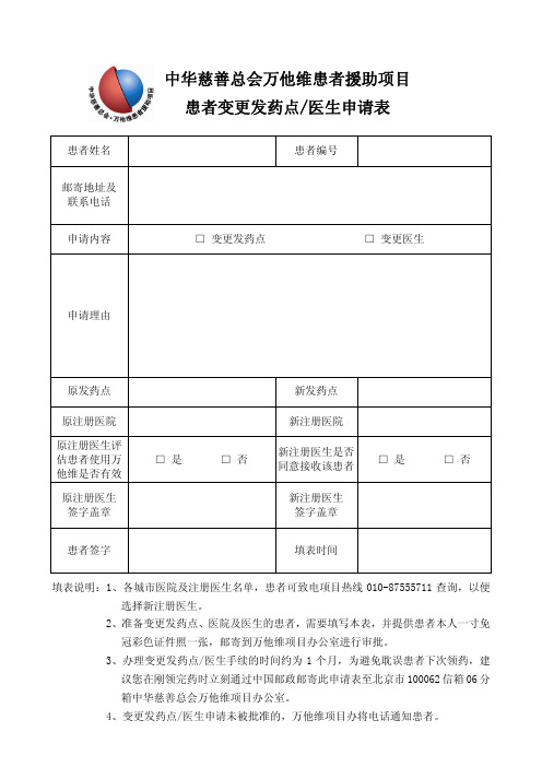 中华慈善总会万他维患者援助项目患者变更发药点医生申请表