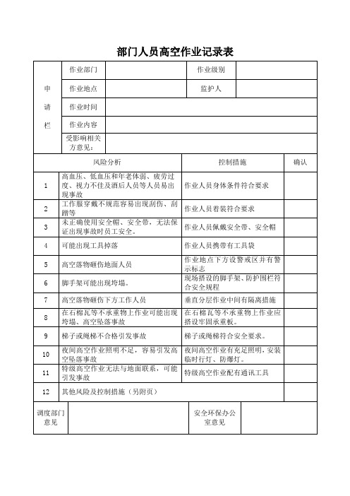 部门人员高空作业记录表