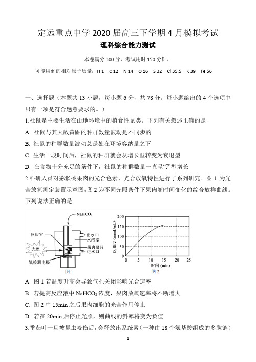 安徽省定远县重点中学2020届高三下学期4月模拟考试理科综合试题 Word版含答案