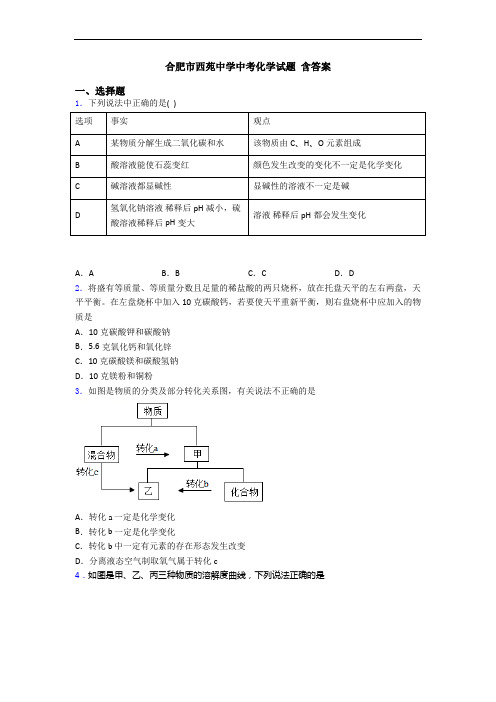 合肥市西苑中学中考化学试题 含答案