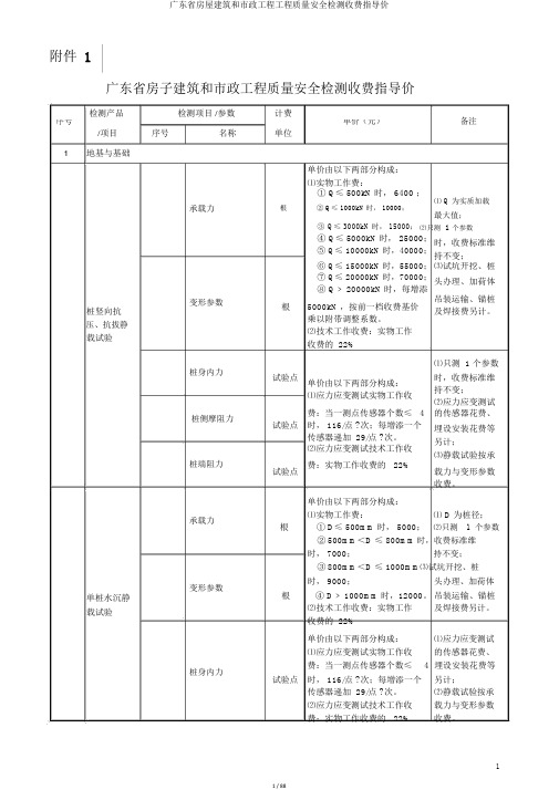 广东省房屋建筑和市政工程工程质量安全检测收费指导价