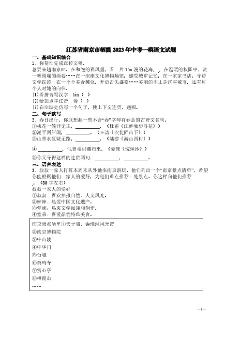 江苏省南京市栖霞2023年中考一模语文试题【含答案】