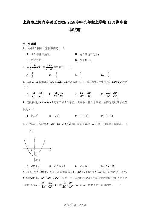 上海市上海市奉贤区2024-2025学年九年级上学期11月期中数学试题