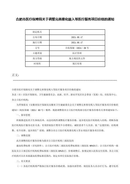 合肥市医疗保障局关于调整完善雾化吸入等医疗服务项目价格的通知-合医保秘〔2021〕26号