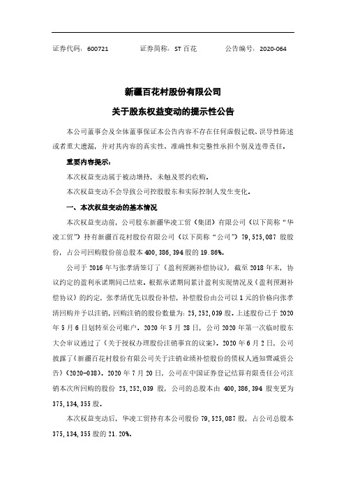 ST百花：股东权益变动的提示性公告