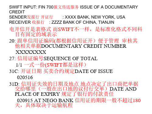 SWIFT形式的信用证