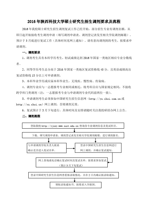 2016年陕西科技大学硕士研究生招生调剂要求及流程