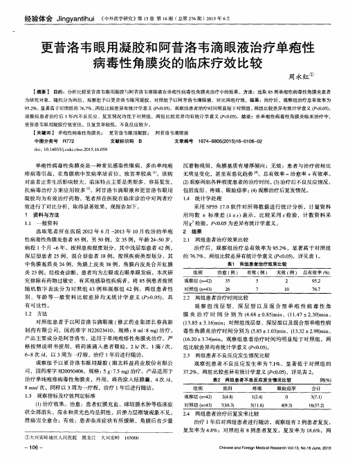 更昔洛韦眼用凝胶和阿昔洛韦滴眼液治疗单疱性病毒性角膜炎的临床