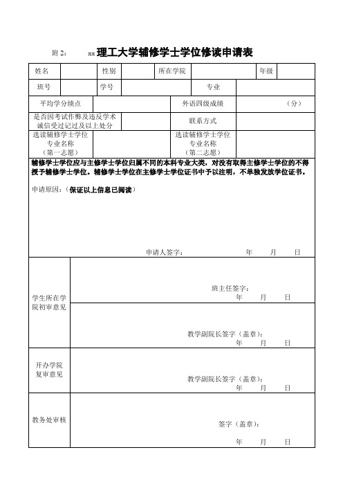 xx理工大学辅修学士学位修读申请表