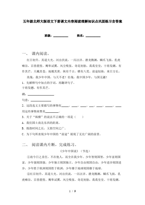 五年级北师大版语文下册课文内容阅读理解知识点巩固练习含答案