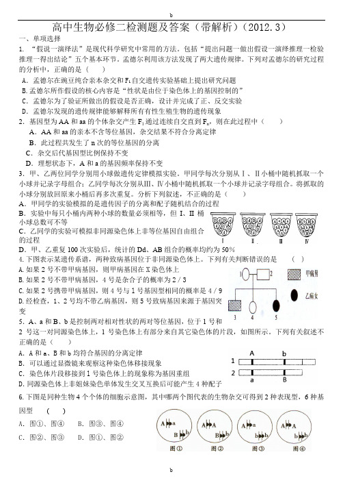 (完整word版)高中生物必修二检测题与答案(带解析)