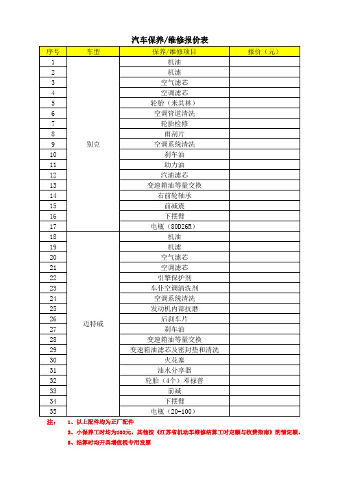 汽车保养维修报价表EXCEl模板(推荐)