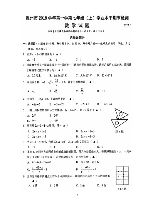 浙江省温州市2018-2019学年第一学期七年级数学学业水平期末检测试题(含答案)