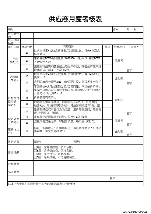 供应商月度考核表