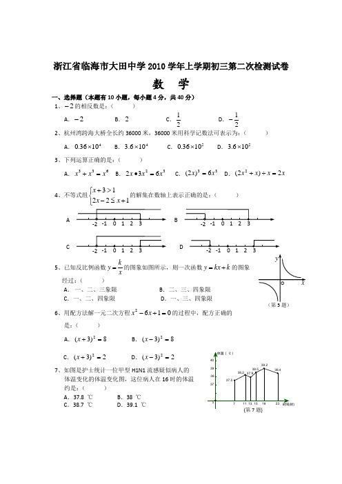 浙江省临海市大田中学2010学年上学期初三第二次检测试卷数学(10月)
