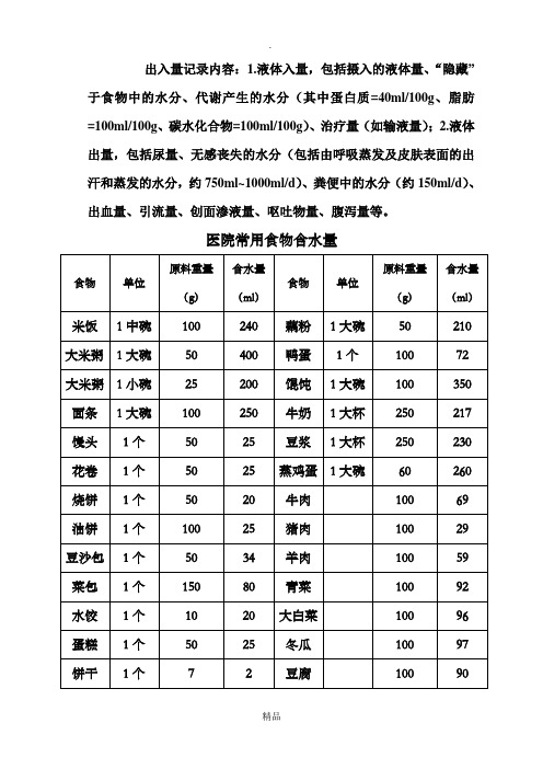 医院常用食物含水量表