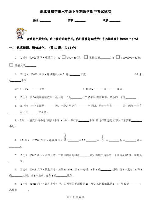 湖北省咸宁市六年级下学期数学期中考试试卷