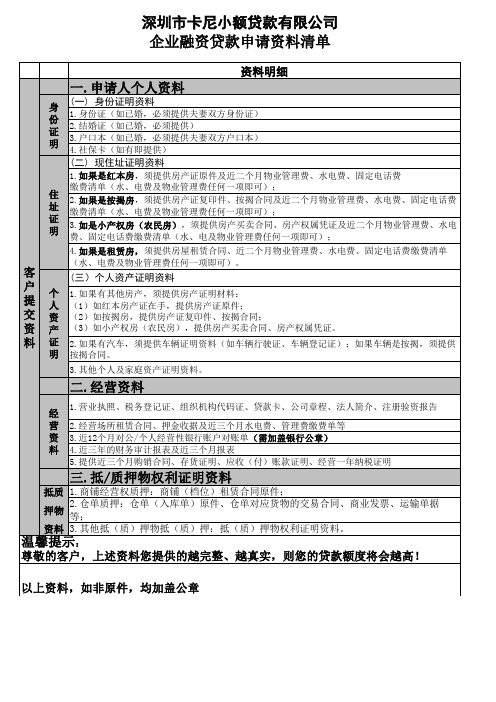 企业融资贷款申请资料清单