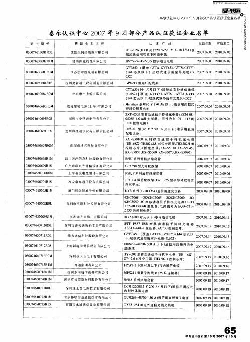 泰尔认证中心2007年9月部分产品认证获证企业名单