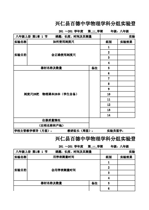 初中物理八、九年级分组实验登记表册