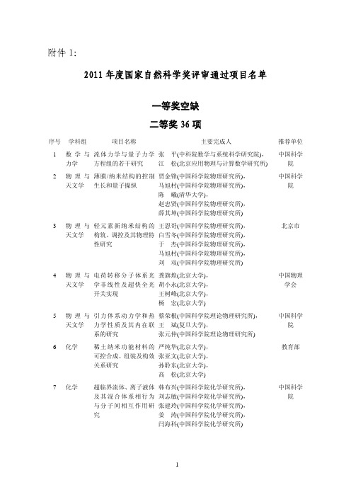 2011年度国家自然科学奖评审通过项目名单