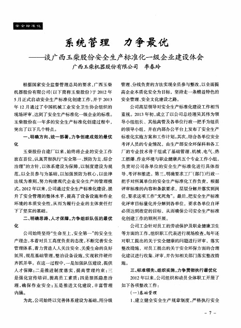 系统管理 力争最优——谈广西玉柴股份安全生产标准化一级企业建设体会