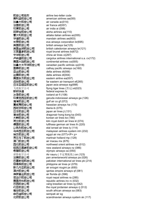 各大航空公司中英名称