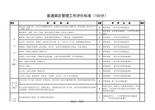 病区管理工作检查考评标准