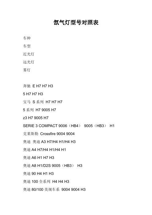 氙气灯型号对照表