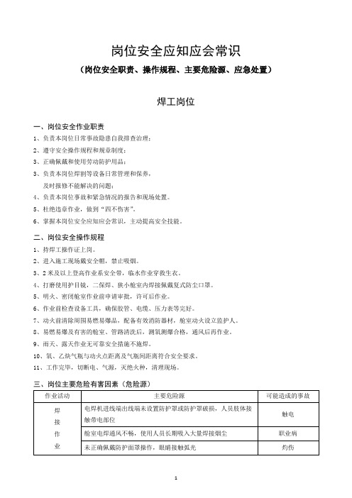 岗位安全应知应会常识(岗位安全职责、操作规程、主要危险源及应急处置)