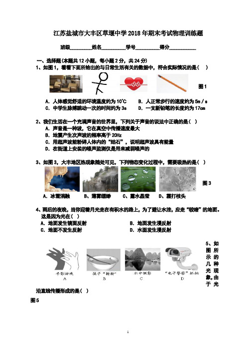 江苏盐城市大丰区草堰中学2018-2019学年每学期八年级期末考试物理训练题 陈正国
