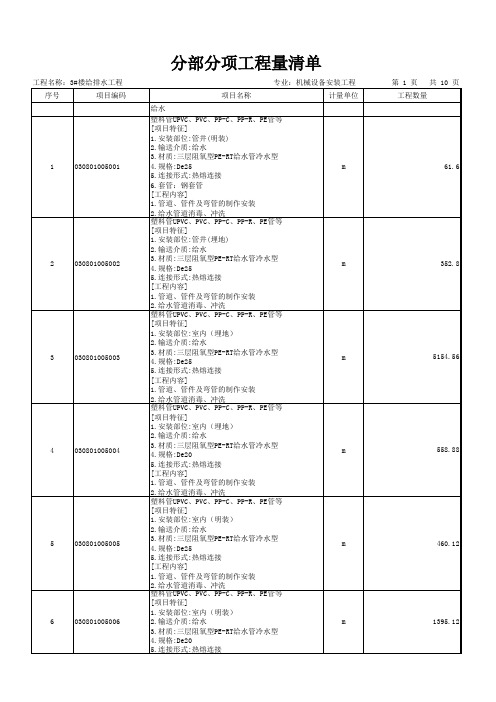 表-2 给排水分部分项工程量清单