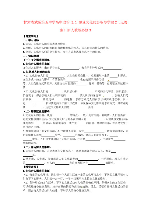 高中政治 2.1 感受文化的影响导学案2新人教版必修3