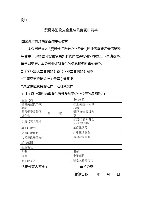 贸易外汇收支企业名录变更申请书(最标准)