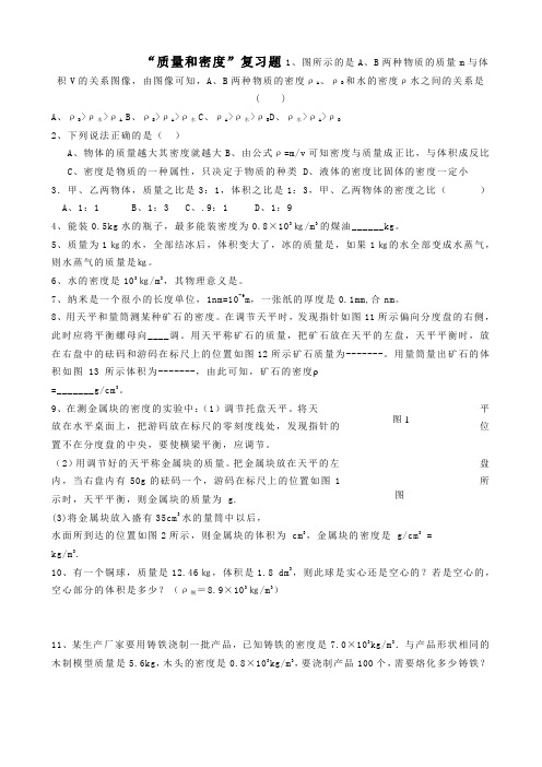 九年级物理会考复习《质量密度、压强和浮力》测试题(无答案)新人教版