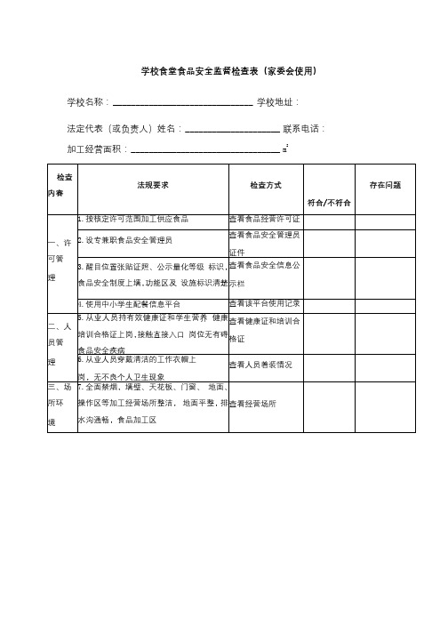 学校食堂食品安全监督检查表