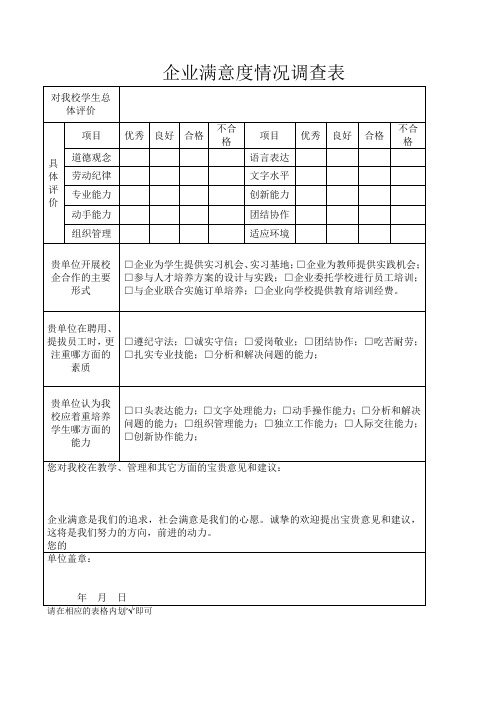 企业满意度情况调查表