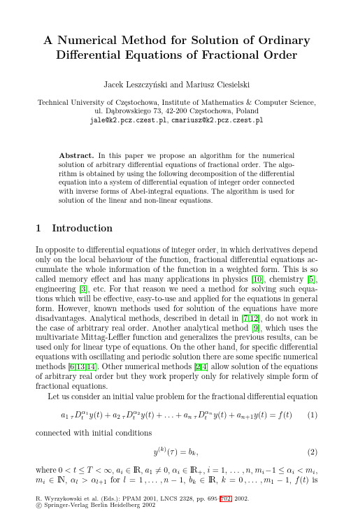 A Numerical Method for Solution of Ordinary Differential Equations of Fractional Order