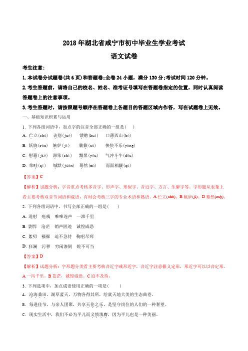 部编版初中语文-精品解析：湖北省咸宁市2018年初中中考语文试题(解析版)