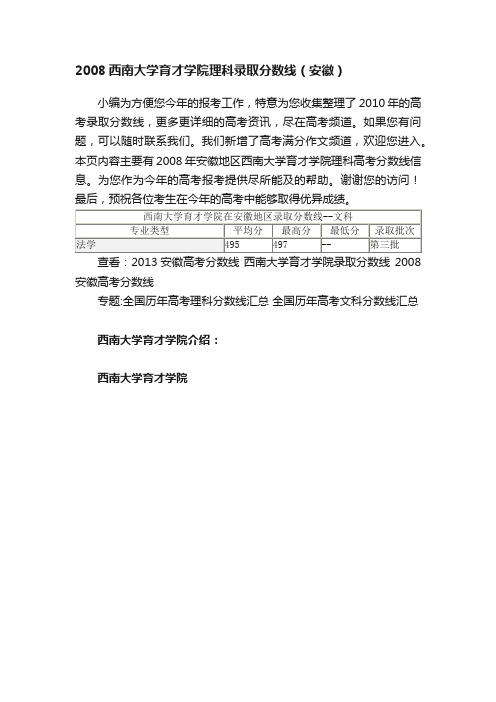 2008西南大学育才学院理科录取分数线（安徽）