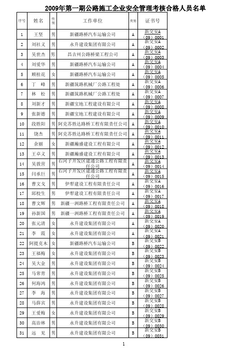 2009年安全培训类别花名册(上网)